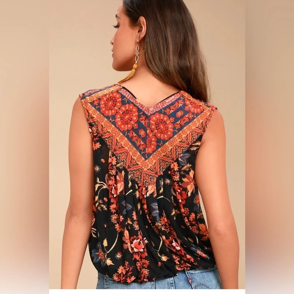 Free People Orange Red Wrap Sleeveless Blouse